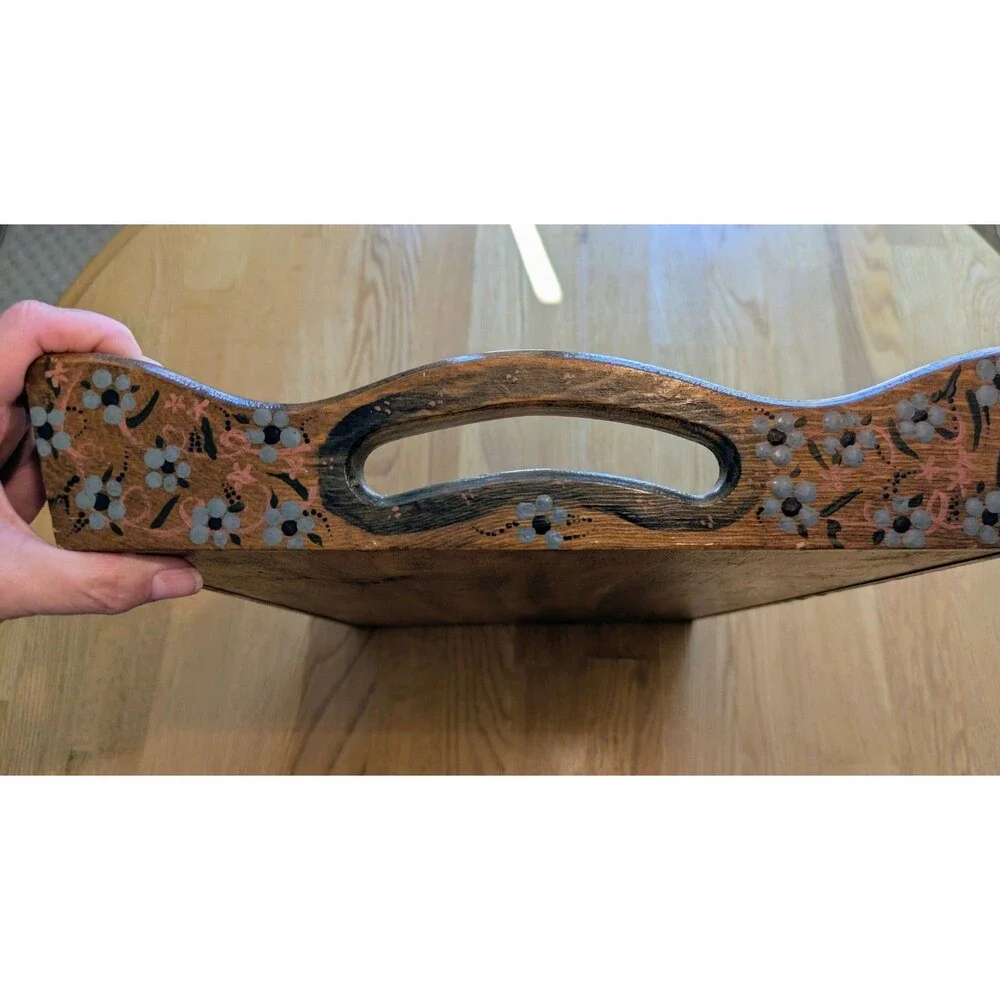 Vintage 80s Hand Painted Floral Wood Serving Tray Handles Art Cottagecore 11x17